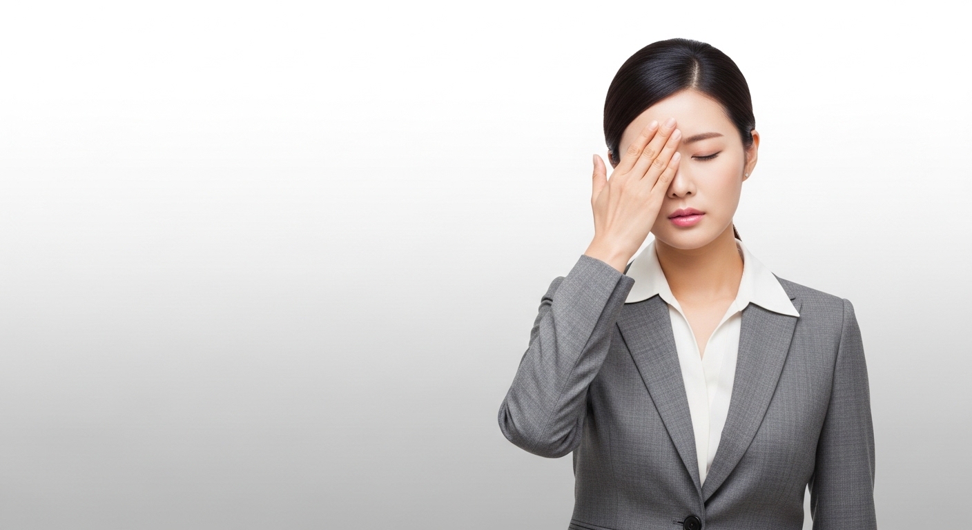 스마트폰과 모니터를 장시간 사용하여 눈의 피로를 느끼는 30대 직장인의 모습